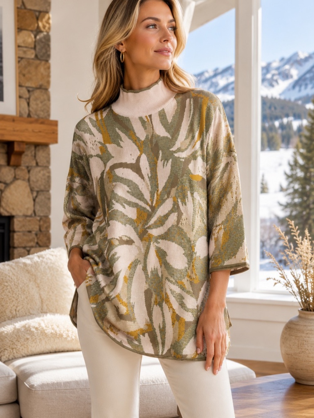 NWT Entro Oversized Metallic Abstract Floral Mock Neck Sweater Tunic NEW